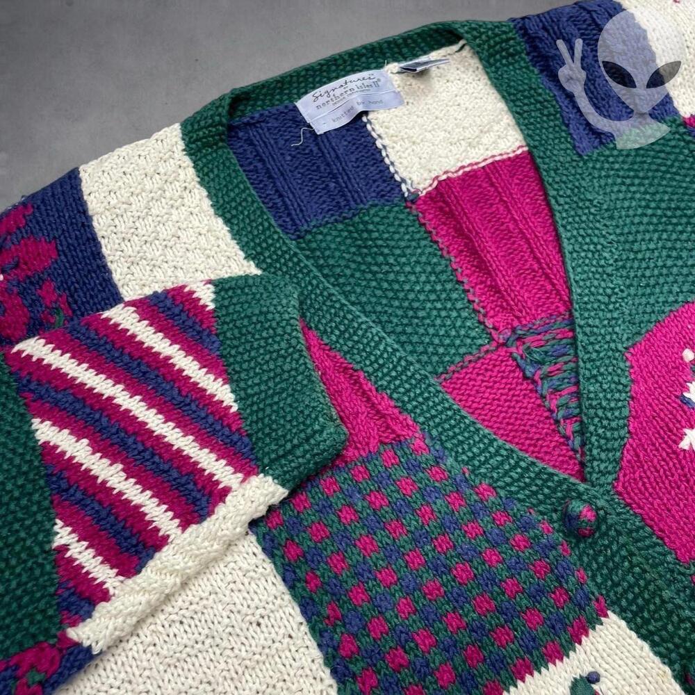 Vtg Northern Isles Hand Knit Cardigan 3XL Patchwork Floral Grandmacore Oversized - Picture 2 of 6